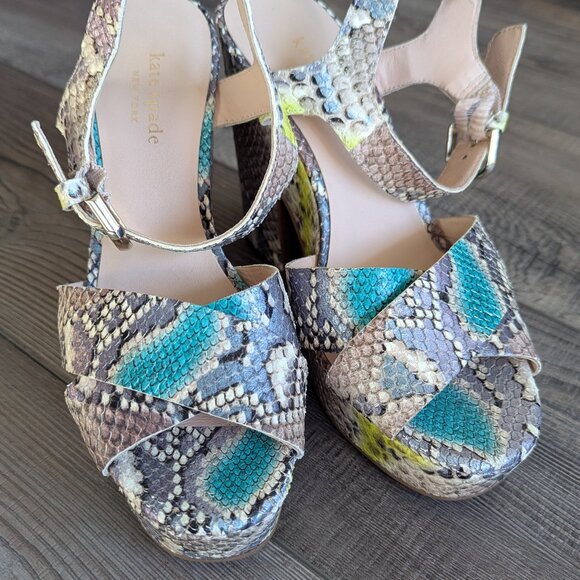 Kate Spade Women's Grace Platform Sandals Leather Snake Print Blue Green 7.5 - Picture 8 of 11